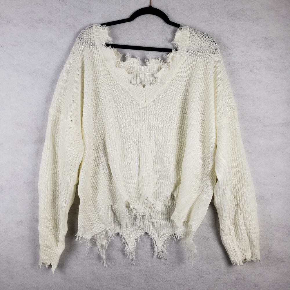 Shein Curve Women's 4XL Thrashed Frayed Pullover Sweater Cream White Distressed